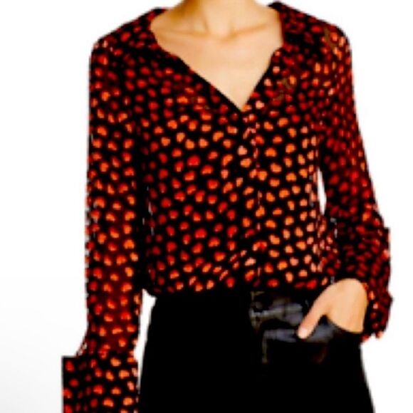 Alice + Olivia Shirt Womens Silk Small Black Red Hearts Printed Long Sleeve NWT - Picture 2 of 13